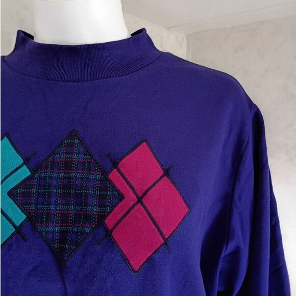 Vntg 90s Alfred Dunner Patchwork Argyle Sweatshirt Purple USA Made Preppy L/XL - Picture 7 of 11